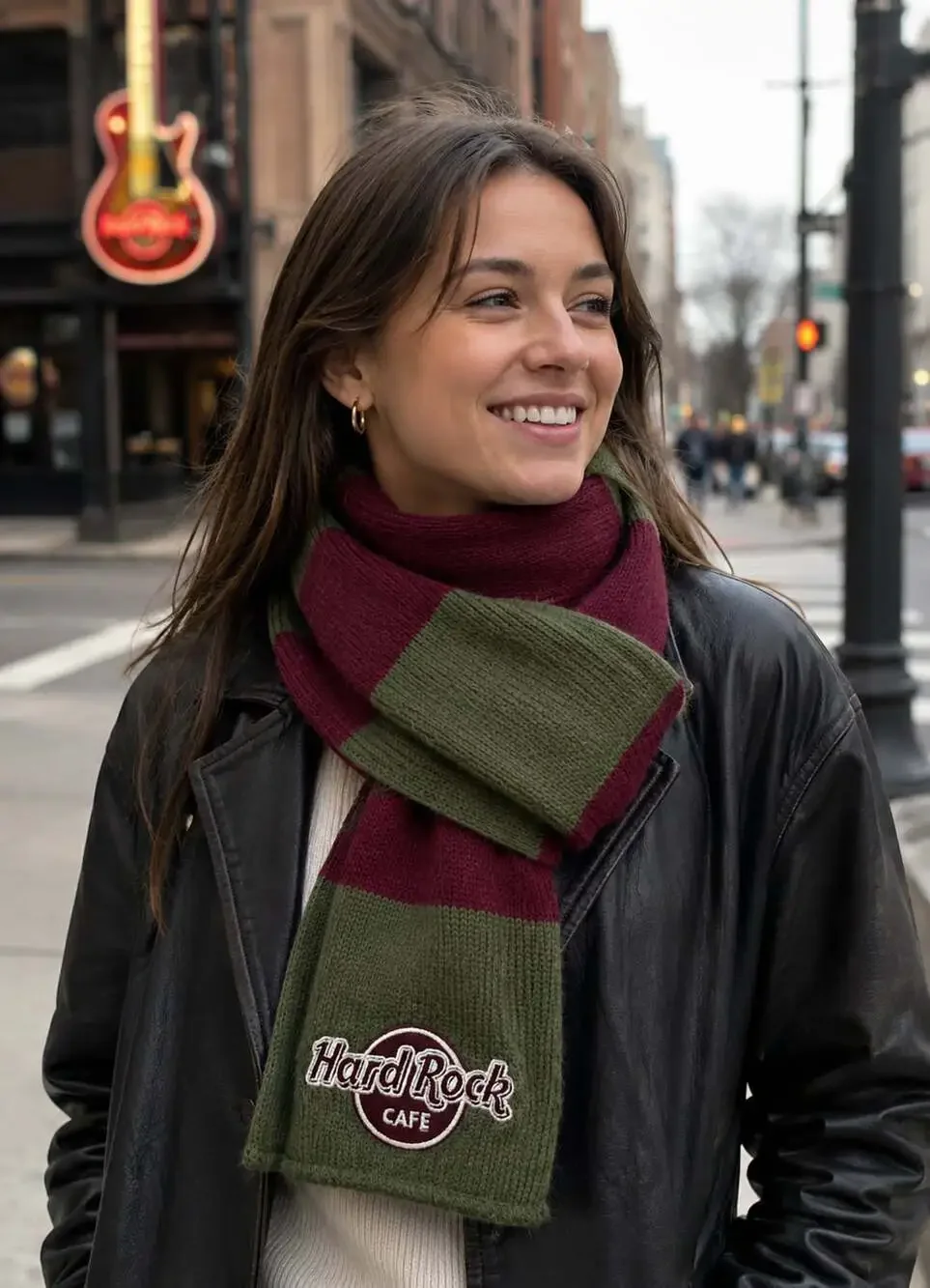 Hard Rock Cafe Striped Knit Scarf Maroon and Olive Green